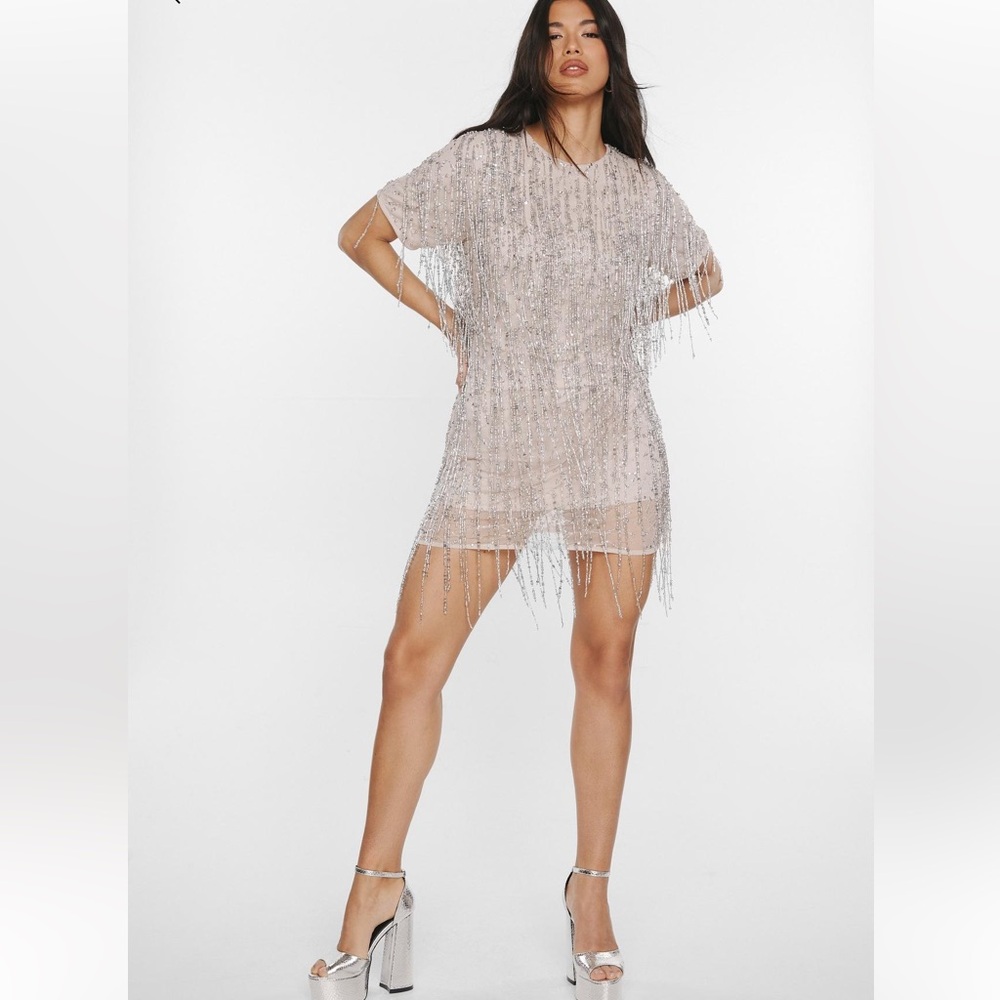 Nasty Gal Blush Silver Tassel Mini Shift Dress 8